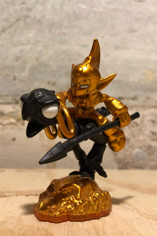 Halloween Fright Rider. Golden character holding a spear riding blackened war-chicken bones.